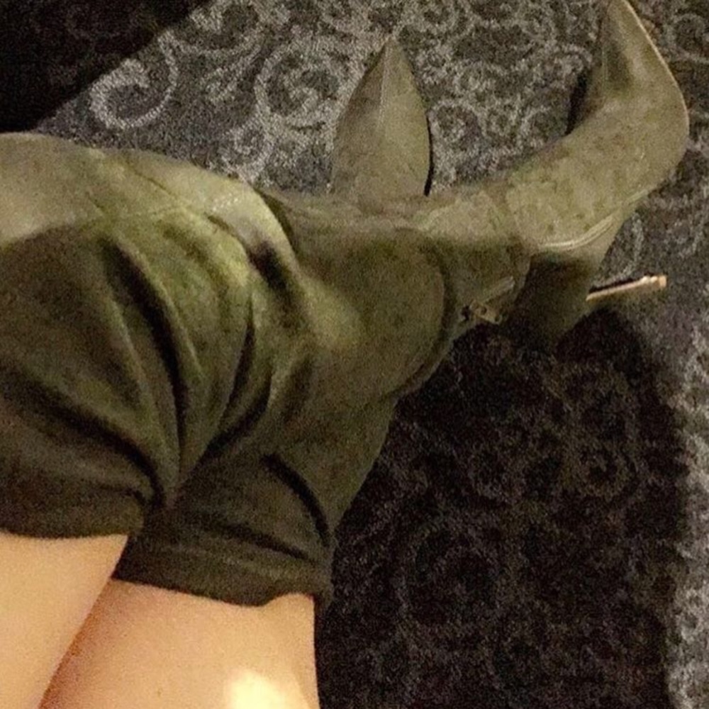 Olive green suede thigh high boots
